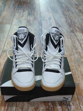 Puma White and Black High-Top Sneakers with Gum Sole